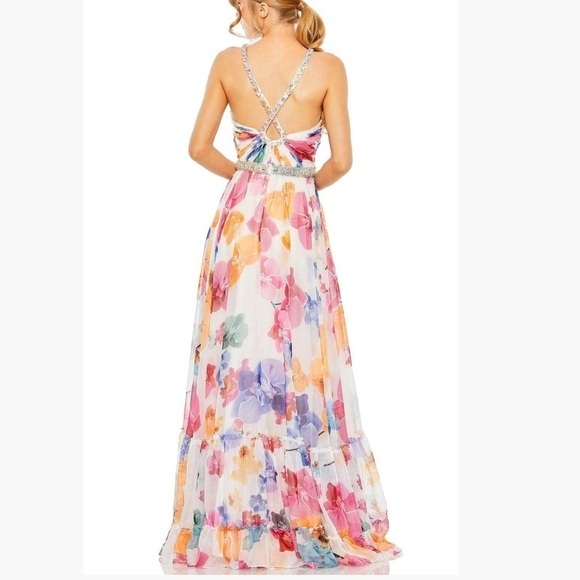 Ieena Mac Duggal 2219 Rhinestone Trim Floral Chiffon Chunky Criss Back Strap 16 - Picture 2 of 13